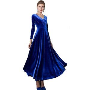 Urban CoCo Women Long Sleeve V-Neck Velvet Stretchy Long Dress (Small, Royal Blu
